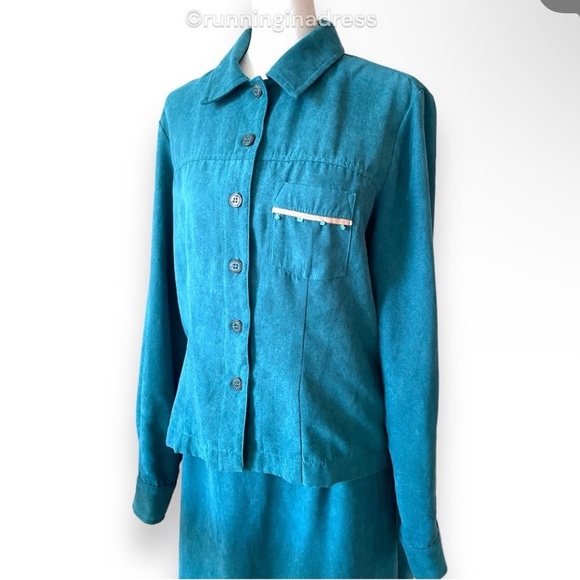 Vintage New Frontier Teal Suede 2-Piece Set Beaded Shirt Jacket & Midi Skirt L - Picture 4 of 16
